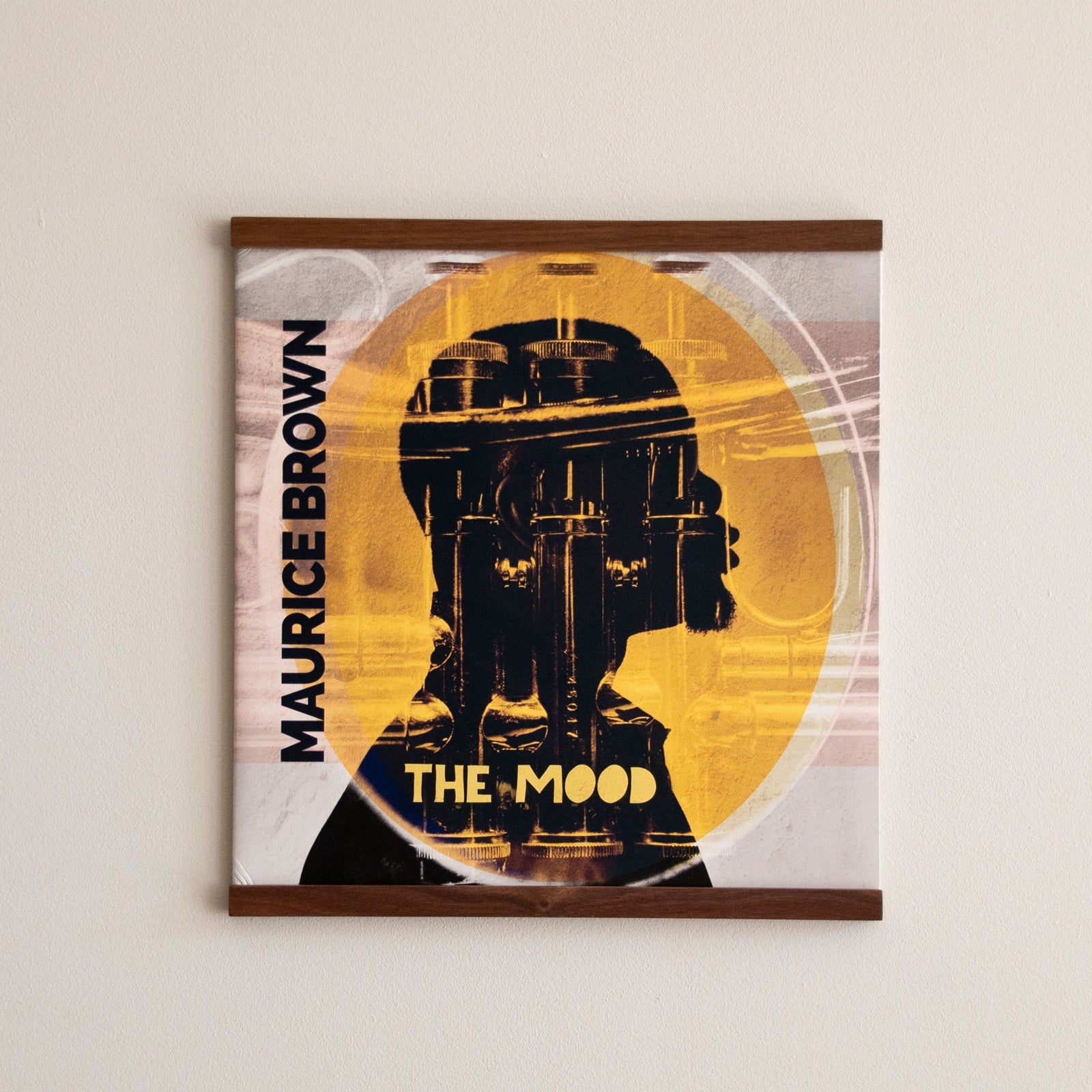 Platenhouder van massief notenhout met vinylhoes stijlvol aan de wand gepresenteerd