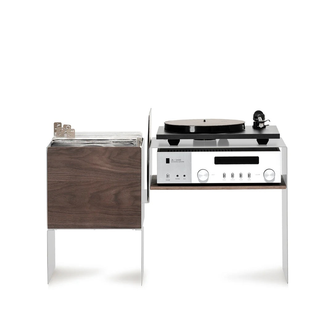 Wit LOIA La Console platenmeubel met walnoten platenbak en open vak voor hifi-apparatuur