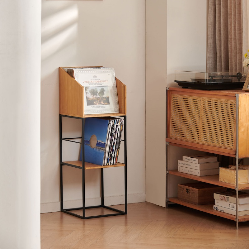 NorStone Vinyl LP Stand platenkast van zwart metaal en bamboe voor circa 160 LP's